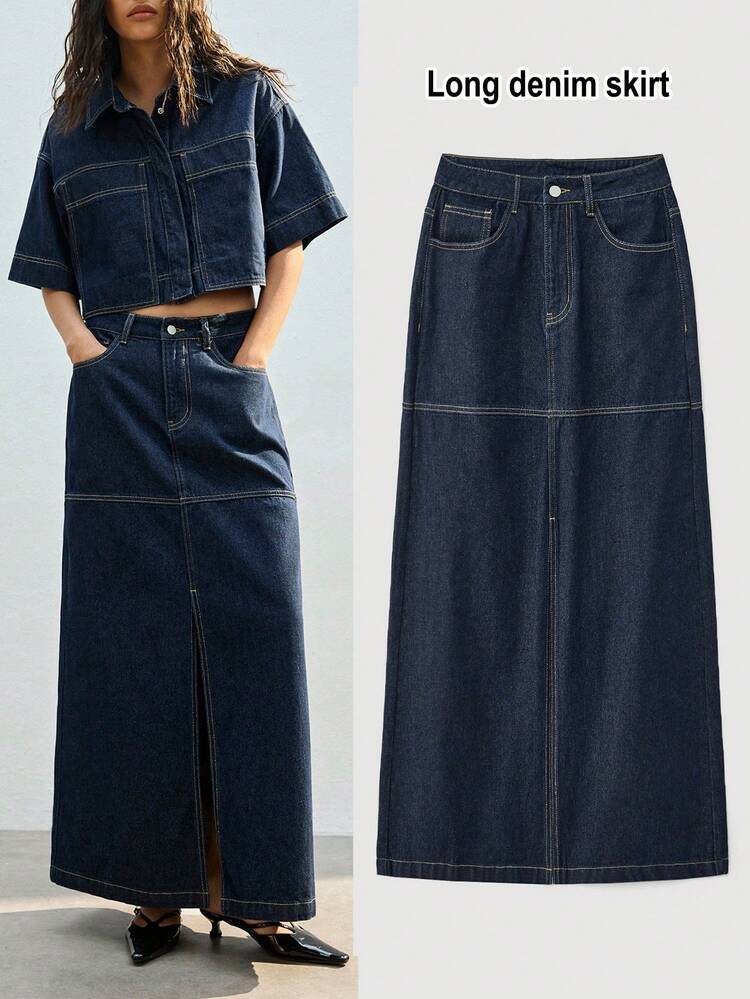 SHEIN Maija Jupe longue en jean décontractée avec fente et poches pour femmes
