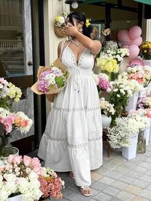 GalTyme Plus Size Women Casual White Summer Boho Beach Holiday Dress,100% Cotton Comfortable Chic Elegant V-Neck Maxi Dress For Wedding,Party,Vacation - White - View 2