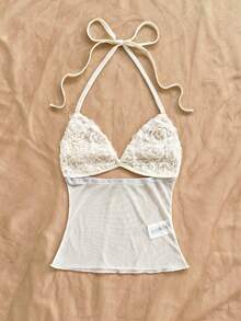 Soleia Damen 3D Blumen Dekor Ausschnitt Sexy Mode Neckholder Top, Sommerurlaub, Strandurlaub für Frauen, Lässig für Frauen - Aprikosenfarben - Übersicht 3