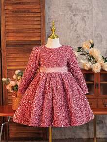 SHEIN Glamorique Kids Girls Princess Dress, Pink Sequin, Puff Long Sleeve, Puffy Skirt, Christmas Young Girl Dress, Party Wear, Ball Gown, Girls Princess Dress, Big Bow Back, Elegant Formal Dress - Dusty Pink - View 3