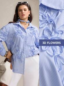 SHEIN LUNE 大码印花针织长袖休闲衬衫，适合感恩节、新年、假期、聚会、情人节等场合，优雅女式上衣，春季女装 - 藍白色 - 查看 11