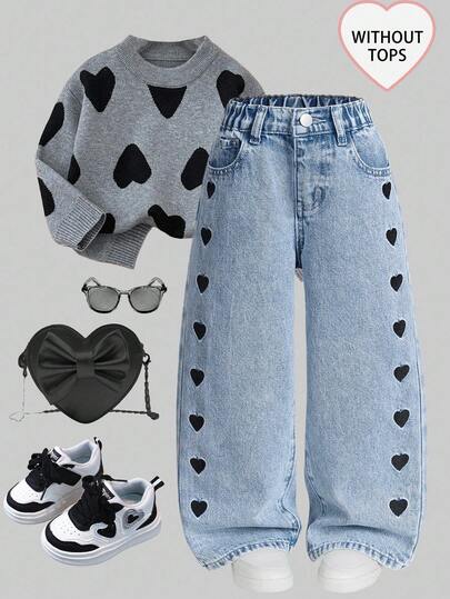 SHEIN ChillGRL Girls' Washed Light Blue & Dark Blue Heart Embroidery Denim Jeans, Loose Straight Leg, Comfortable & Versatile, Suitable For Spring, Summer, Autumn, Winter, Holidays And Casual Outings