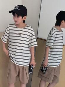 Tween Boy Casual Patch Contrast Collar Round Neck Striped Knit Loose T-Shirt - White - View 4