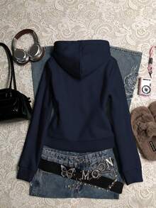 Glimmora Women's Letter Print Long Sleeve Zip Front Casual Sweatshirt - Navy Blue - View 2