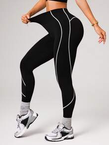 Dewbera 1 chiếc quần legging nữ không đường may, cạp cao, phối sọc tương phản, thích hợp cho chạy bộ, tập thể dục, yoga. - Đen và trắng - Xem 2