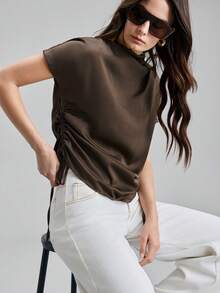 Ontre 2026 Spring/Summer New Brown Side Slit Pleated Blouse, Suitable For Modern Urban Parties, Back-To-School Season, Urban Minimalist Casual Daily Wear, Bohemian Style, Vacation, Festivals, Spring Valentine's Day Carnival Outfits, Women's Beach & Party Elegant Wear - Brown - View 5
