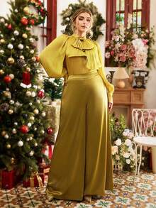 VOLUPTÉ CURVE Bộ đồ đôi cỡ lớn dành cho Ngày Valentine, kiểu dáng thanh lịch cổ điển mới với nơ vàng, tay áo phồng và quần ống rộng, nhẹ nhàng, thoải mái giúp tôn dáng. - Màu vàng - Xem 7