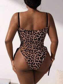 Slaydiva Áo tắm liền thân họa tiết da báo buộc dây bên hông, thời trang dành cho nữ cỡ lớn, thích hợp cho kỳ nghỉ. - Cà phê nâu - Xem 2