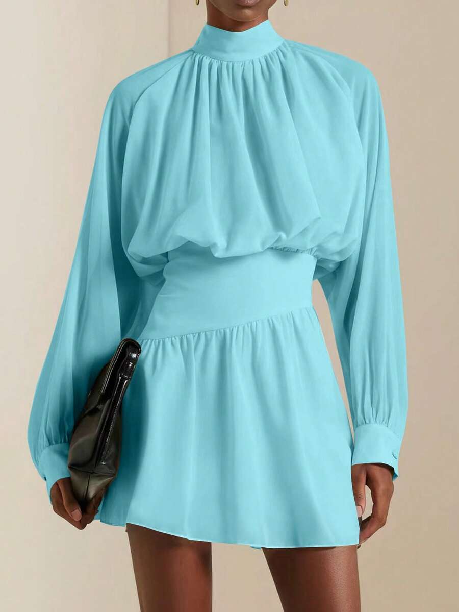 SHEIN Veneréa 秋季新款荷叶边印花长袖收腰迷你连衣裙 - 水藍色 - 查看 1