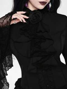 ROMWE EDITION 哥特风蕾丝喇叭袖下摆女式衬衫，适合万圣节装扮 - 黑色 - 查看 5