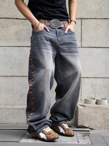 Manfinity EMRG Men's Animal Print Pocket Button Casual Versatile Commute Loose Fit Jeans - Light Grey - View 5