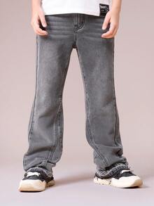 SUMWON Boys Flared Grey Washed Denim Jeans With Relaxed Fit And Classic Five Pocket Design For Casual Everyday Wear Vacation - Grey - View 4