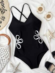 SHEIN Teen Girls' Black Floral Cutout One-Piece Swimsuit, Snug Fit, Sleeveless, Sweet Beach Vacation Surfing - Black - View 1