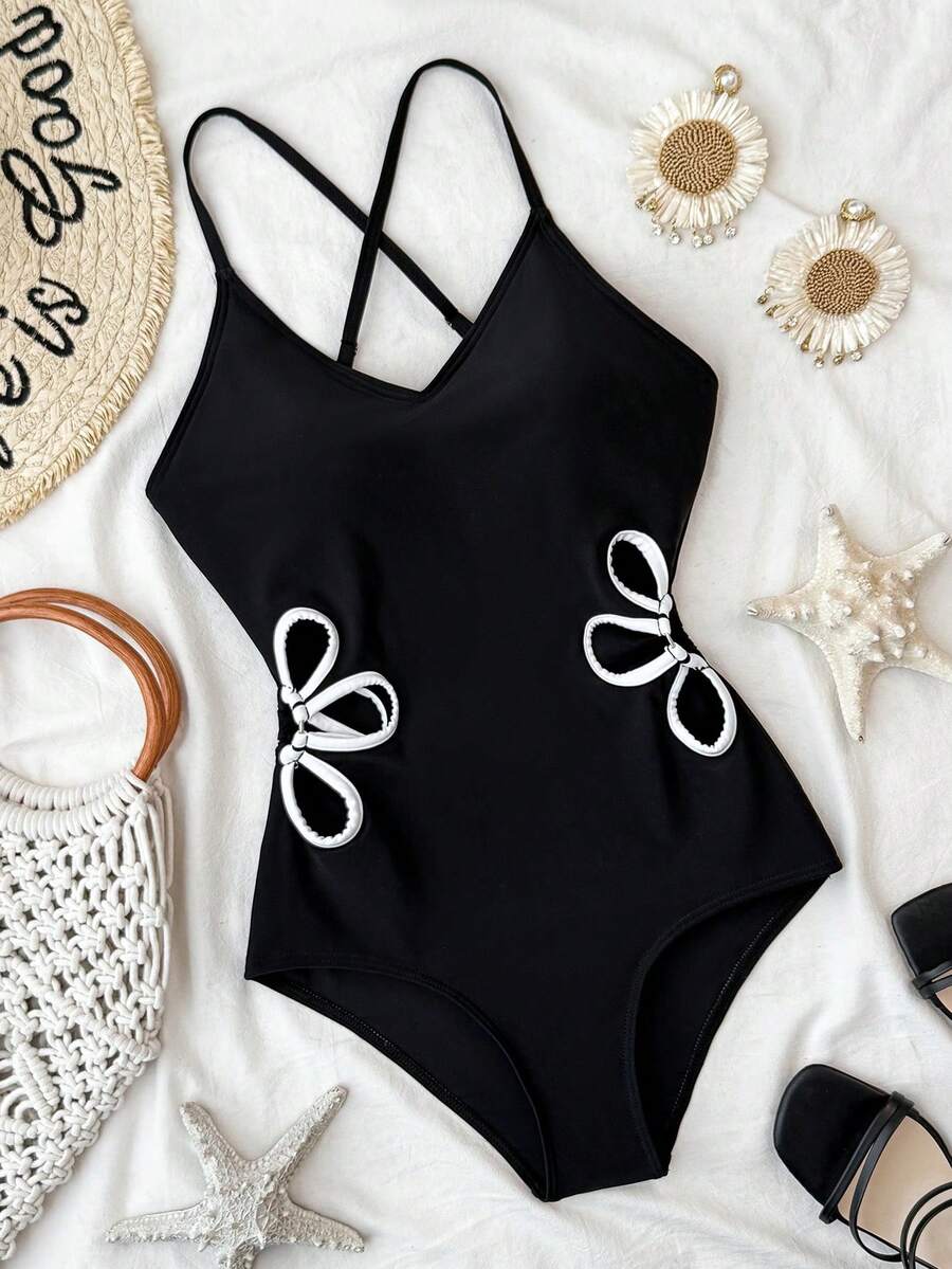 SHEIN Teen Girls' Black Floral Cutout One-Piece Swimsuit, Snug Fit, Sleeveless, Sweet Beach Vacation Surfing - Black - View 1