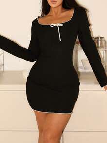 Lowkey Lull Áo ngủ dài tay nữ kiểu dáng thường ngày, phối màu tương phản, có nơ trang trí, thích hợp cho mùa thu. - màu đen - Xem 3