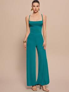 Leighera Bộ jumpsuit nữ màu trơn hở lưng, thiết kế buộc dây, xẻ tà, kiểu dáng thời trang. - Màu xanh ngọc - Xem 3