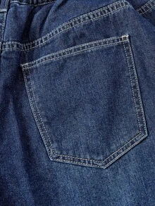 Sweetra 大码女式春季休闲宽松口袋阔腿牛仔裤，百搭 - 深色水洗藍 - 查看 4