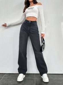 EURMUSE Jeans rectos de algodón 100% para mujer con bolsillos - Gris Oscuro - Ver 1