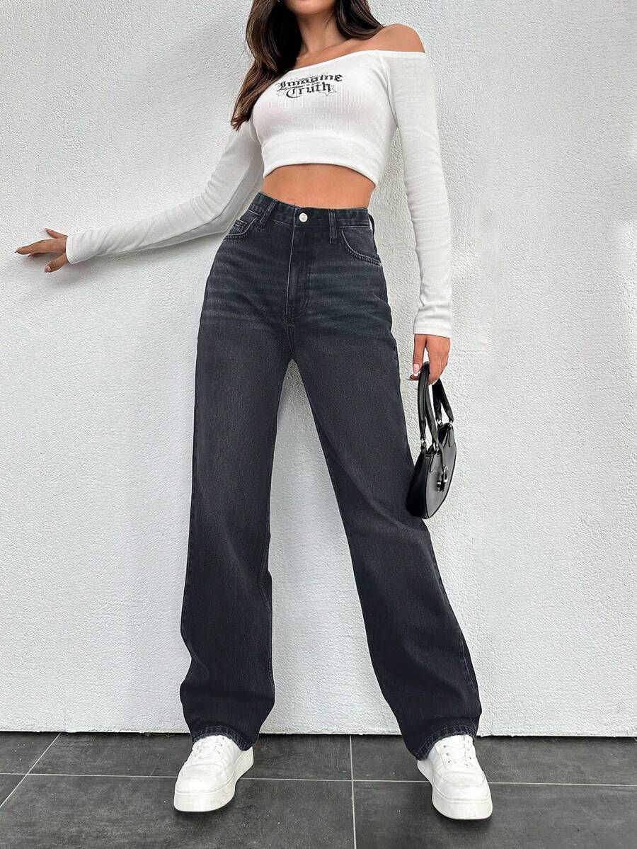 EURMUSE Jeans rectos de algodón 100% para mujer con bolsillos - Gris Oscuro - Ver 1