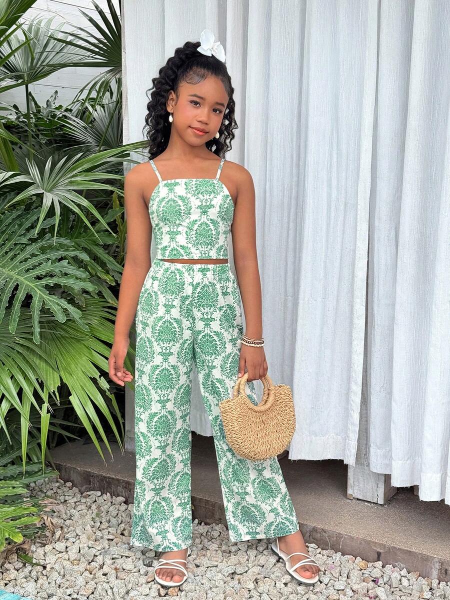 Tween Girl Vacation Bohemian Totem Floral Camisole Top + Loose Straight Leg Pants Woven Top Set - Army Green - View 1