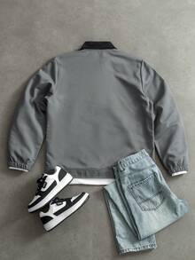 Manfinity Homme Men's Casual Versatile Collar Zip Front Long Sleeve Jacket For Daily Wear - Dark Grey - View 2