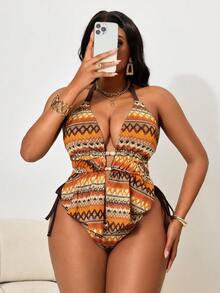 Slaydiva Plus Size Women Wavy Stripe Sexy Halter Tankini Swimwear Set - Multicolor - View 5