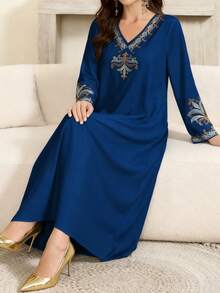 SHEIN Najma Women's Retro Floral Retro Print V-Neck Long Sleeve Elegant Arabic Style Maxi Dress, Spring/Summer - Multicolor - View 4