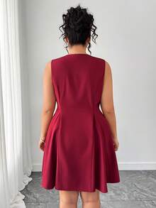Elenzga Plus Size Women's Burgundy Sleeveless V Neck Pleated A Line Flared Midi Dress Elegant Woven Fabric - Burgundy - View 2