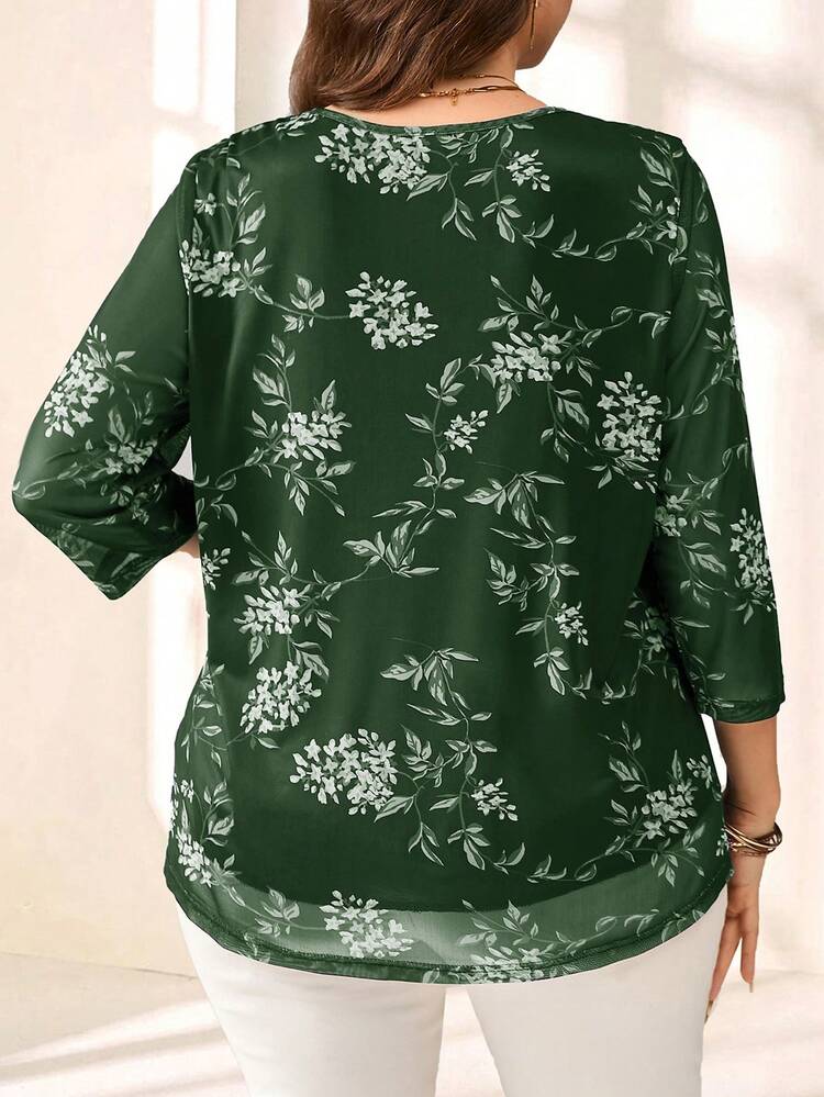 Plus Size Women's Summer Casual Vacation Navy Floral Print 3/4 Sleeve Blouse Top,Summer,Green Blouses For Women,Spring Break,Vacation,Holiday,Going Out,2026 New,Simple And Fashionable For Everyday Wear