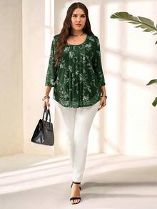 Miaspire Plus Size Women's Elegant Dark Green Floral Print 3/4 Sleeve Blouse,Autumn Everyday Casual Vacation Spring Break Holiday Fashionable Top - Green - View 1