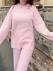 Abrilcols Conjunto de 2 piezas de suéter y pantalones de punto de unicolor casual para mujer, otoño/invierno - Rosa Pálido - Ver 6