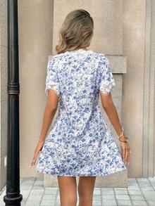 Pariaura Women's Floral Print V-Neck Lace Trim Dress - Multicolor - View 2