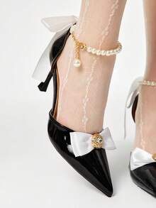 ROMWE Kawaii 时尚高跟鞋 - 尖头，水钻蝴蝶结装饰，白色镂空，后跟包覆，白色蕾丝蝴蝶结珍珠绑带高跟鞋 - 舒适、性感、休闲、婚鞋 - 黑色 - 查看 3