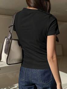 Dazy Designer 女士夏季纯色V领休闲短袖T恤、短款上衣 - 黑色 - 查看 5