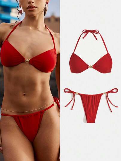 Swim Vcay Women's Solid Color Swimsuit Set For Vacation & Beach 2026 For School,Suitable For Holiday, Date, Afternoon Tea, Western, Cruise, Beach, Island, Road Trip, All Seasons, Music Festival, Boho Vacation,Bohemian Vacation, Chill Autumn ,Western Boho ,Elegant Tops For Women Red Bikini Top Red Swim Top Red Bathing Suit Top Push Up Bikini Push Up Swimwear
