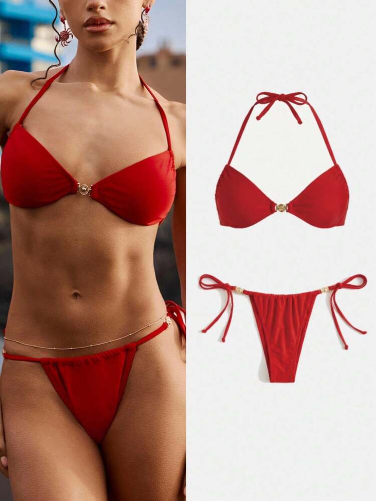 Swim Vcay Women's Solid Color Swimwear Set For Vacation & Beach 2026 For School, Suitable For Holiday, Date, Afternoon Tea, Western, Cruise, Beach, Island, Road Trip, All Seasons, Music Festival, Boho Vacation, Bohemian Vacation, Chill Autumn , Western Boho , Elegant Tops For Women Red Bikini Top Red Swim Top Red Bathing Suit Top Push Up Bikini Push Up Swimwear Tie Bikini Solid Color Bikini Set Vacation Bow Bikini - Red - View 1
