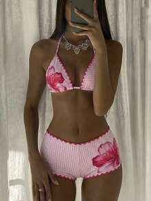 Bonvoyette Completo da spiaggia da donna, con motivo floreale, bordi a contrasto di colore, bikini casual alla moda, sexy e dolce con top a canotta - Rosa - Visualizzare 5