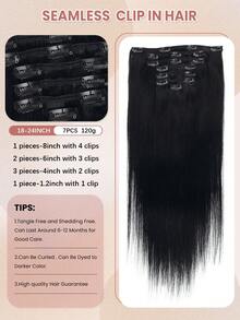 7 piezas, 120g, extensiones de cabello humano real de color negro azabache, extensiones de cabello humano rectas Remy con clips - S1 - Ver 4