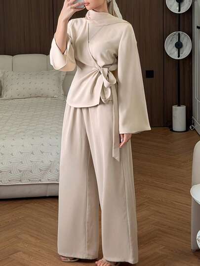 DAZY 女士纯色裹身系带长袖外套和阔腿裤套装