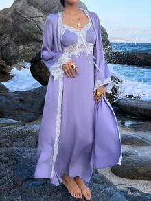 DAZY Women's Romantic Contrast Color Lace Patchwork Sleepwear Set - Robe & Slip Dress Pajamas - Purple - View 8