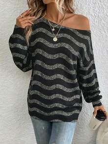 EMERY ROSE 女士休闲露肩毛衣，黑色和银色亮片波浪图案 - 舒适时尚的波西米亚风针织衫，适合春秋冬季节穿着，是外出、旅行、居家、聚会、上学和送礼的理想之选。 - 彩色 - 查看 4