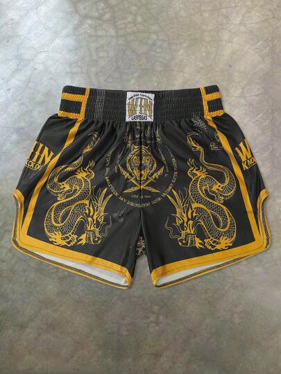 PAVTROS Manfinity Streetrush Men's Shorts One-Piece Set, Elastic Waist, High Tolerance, High Waist And Short Version, Super Shorts, Glossy Fabric With "Black And White Dragon And Tiger" Pattern, Thai Boxer Shorts, Sports Casual Basketball Shorts, Side Slits, Hot On Ins, Young Casual Sports Daily Commuting And Vacation Wear, The First Choice For Gifts For Boyfriends And Husbands, Couples Wear