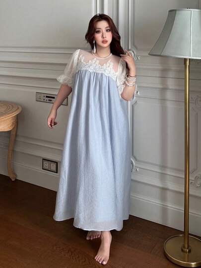 Dazy Plus 大码女士撞色蕾丝雪纺宽松优雅长款睡裙