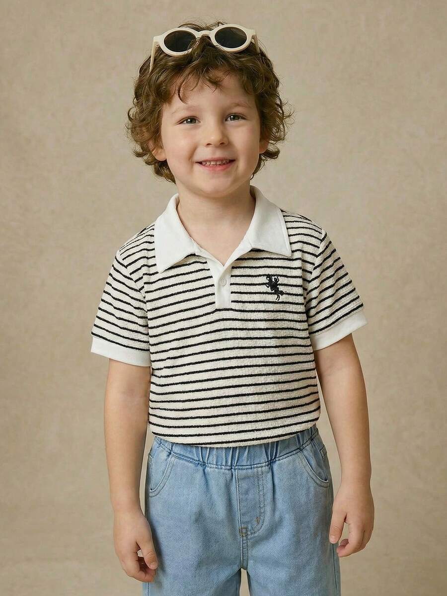 PrepCrw Young Boys' Contrast Collar Striped Short Sleeve Sweatshirt, Collegiate Style,Kids - Black and White - View 1