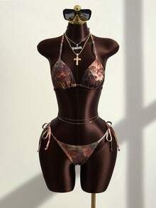 Zestiva Women's Sexy Leopard Print Backless Tie Strap Drawstring 4-Piece Bikini Set, Beach Vacation Earthy Clothes Women Skirt And Top Set Dress Top Earthy Tops Skirt Swimsuit Set - Multicolor - View 5