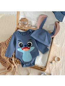 Loomiva 新生儿男女宝宝卡通怪兽图案针织柔软圆领长袖连体衣和帽子两件套 - 彩色 - 查看 9