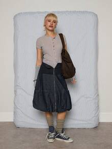 COUREZ Falda cargo de mezclilla azul oscuro / Ropa de invierno Y2K para mujeres, conjunto de ropa cómoda para rave, faldas para salir de mujer, faldas de verano - Azul Marino - Ver 4