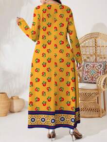 Al Najma 大码女式黄色碎花优雅V领长袖针织连衣裙，适合约会、度假、日常穿着、休闲、派对、节日等场合，大码秋季女士长裙，飘逸连衣裙，碎花长裙/复古连衣裙，碎花连衣裙，黄色连衣裙，拼接碎花连衣裙，连衣裙，大码连衣裙 - 黃色 - 查看 2