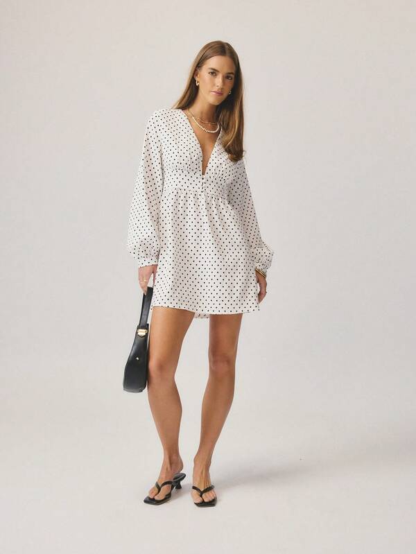Aralina Textured Woven Fabric Long Sleeve Deep V Neck Empire Waist Polka Dot Spring Dresses For Women Vacation Outfits Women Dress