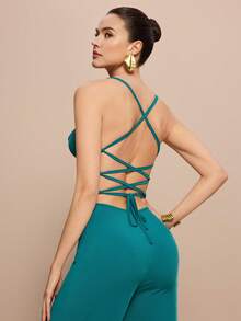 Leighera Bộ jumpsuit nữ màu trơn hở lưng, thiết kế buộc dây, xẻ tà, kiểu dáng thời trang. - Màu xanh ngọc - Xem 2